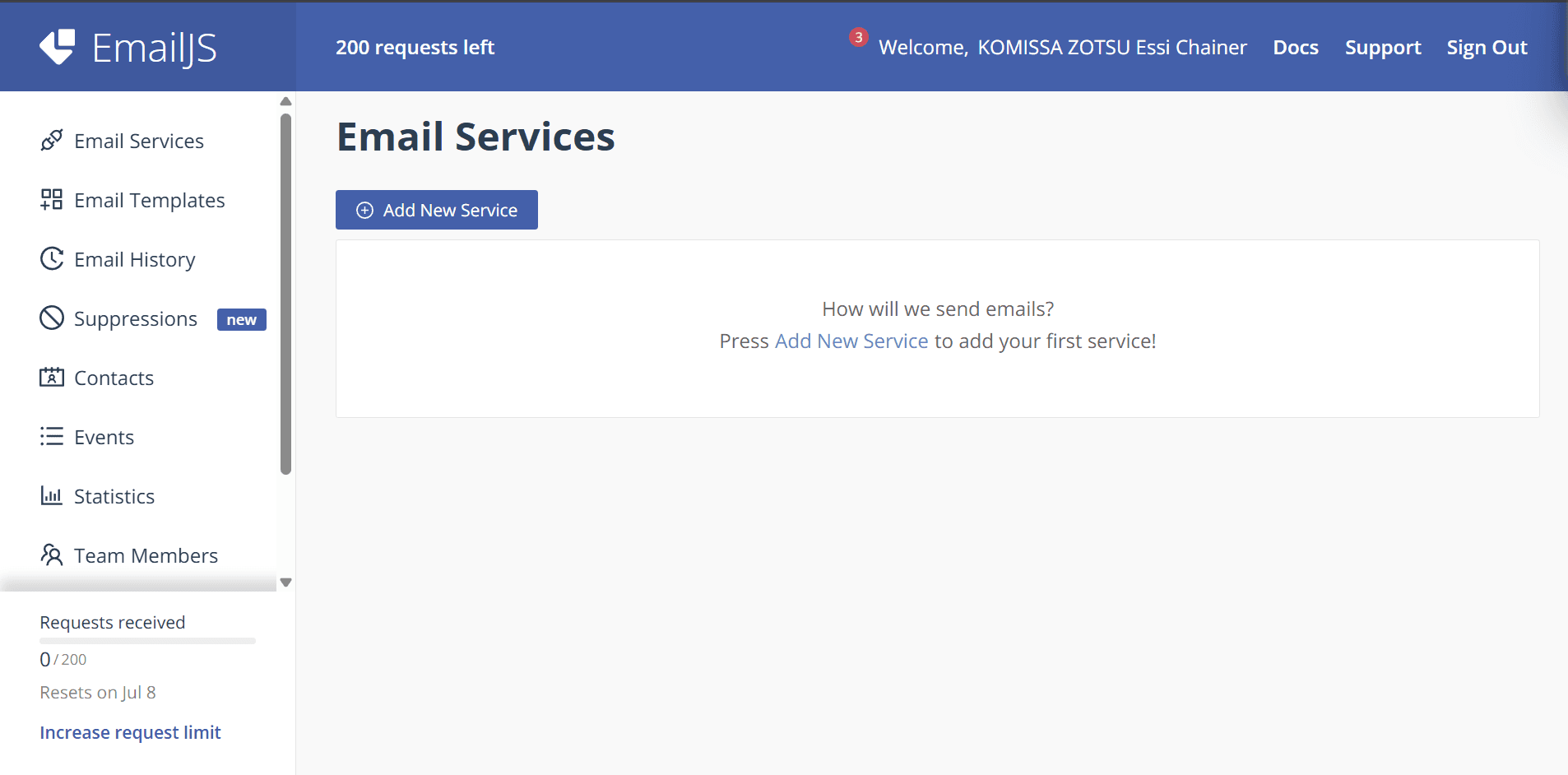 Tableau de bord EmailJS