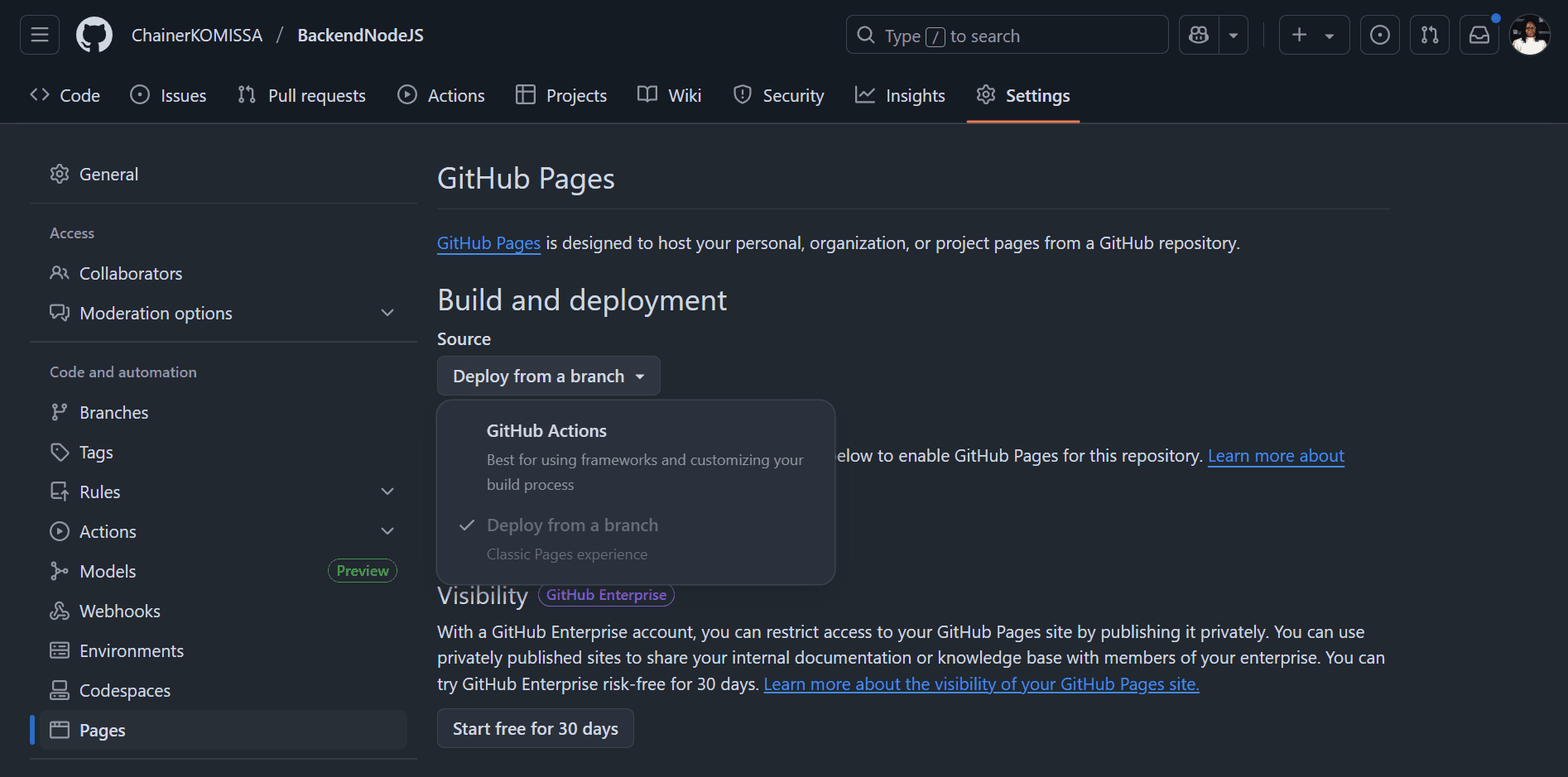 Capture du dépôt GitHub