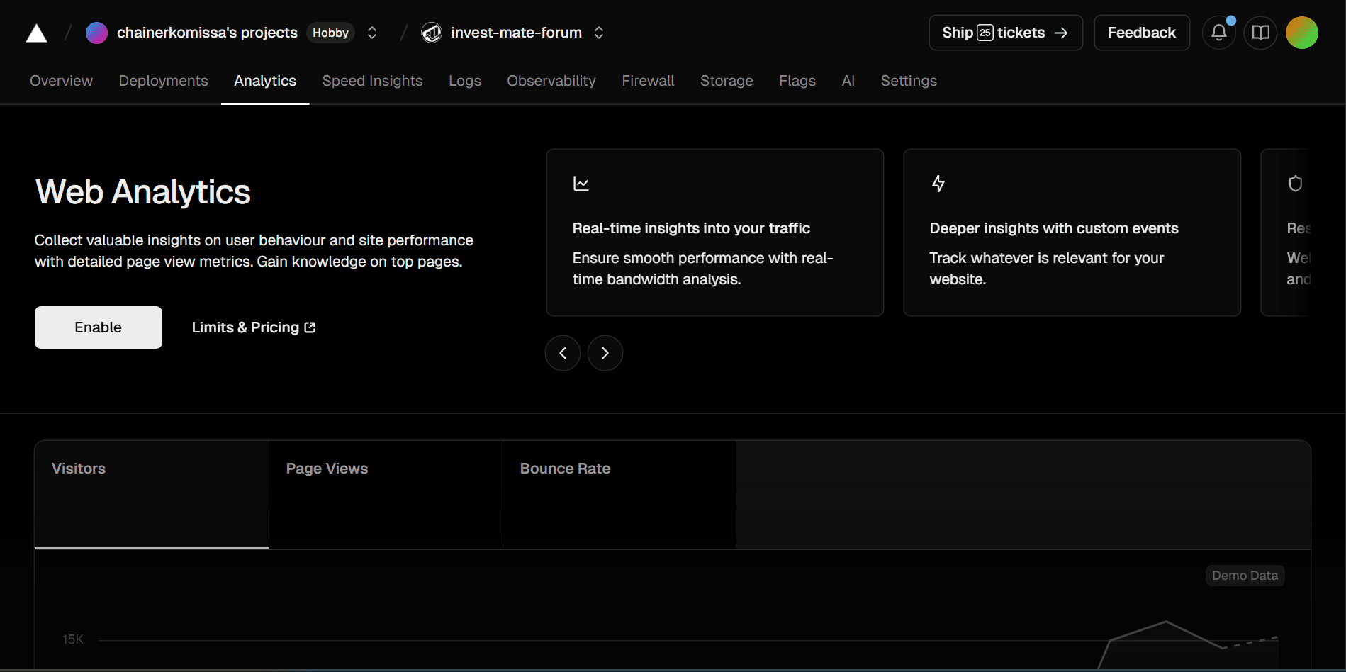 Onglet Analytics sur Vercel